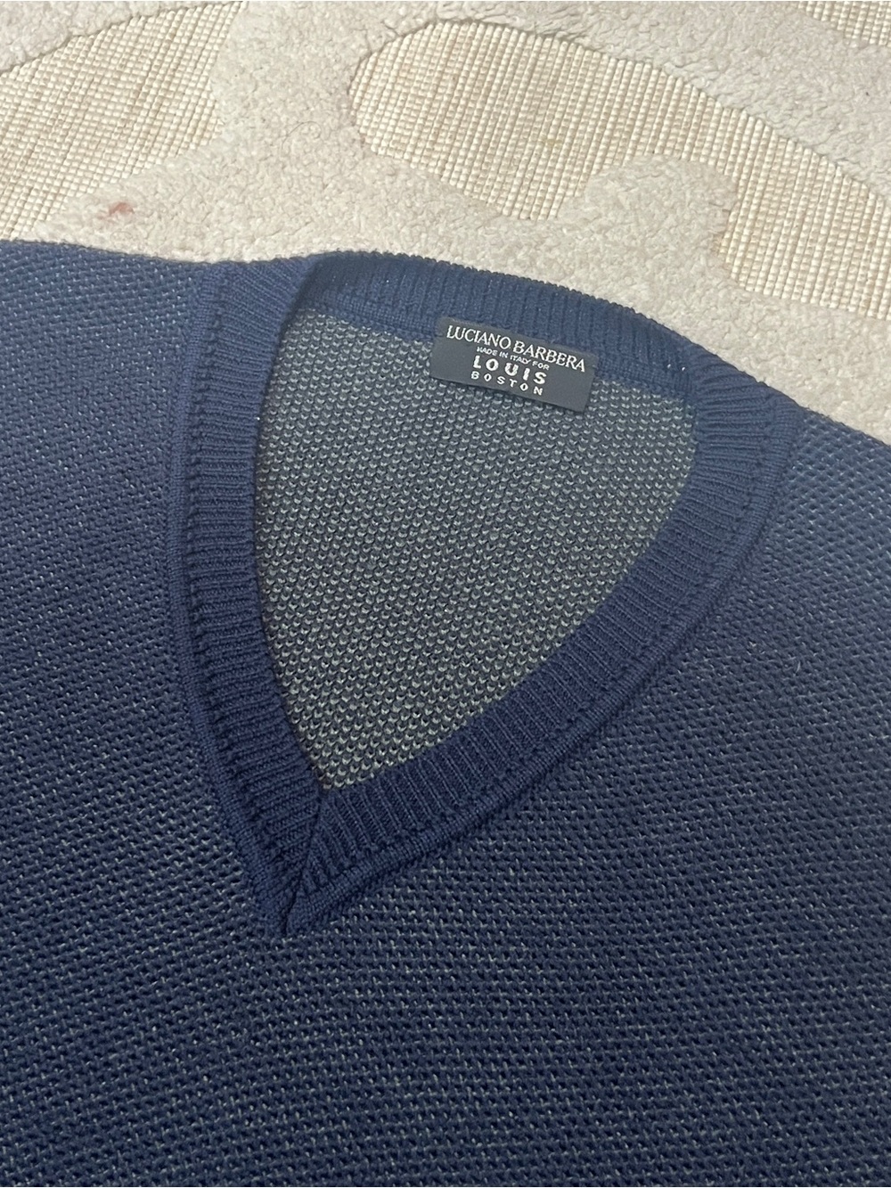 Luciano Barbera Mens V Neck Sweater 56 XXL Navy Blue Rib Knit Wool Cotton Italy